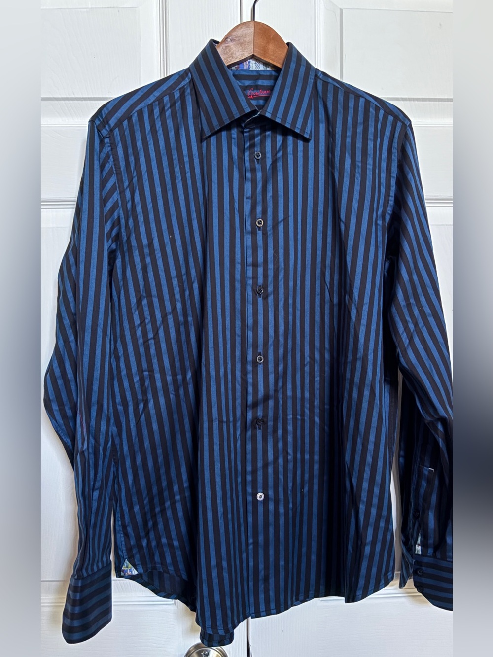 Robert Graham Blue Black Striped Button Down Shirt Mens L 16 16.5